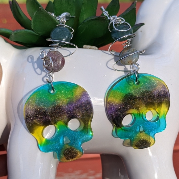 Jasper Sugar Skull Earrings Beads Colorful Cute Skulls Lever Back Artisan - Picture 6 of 8